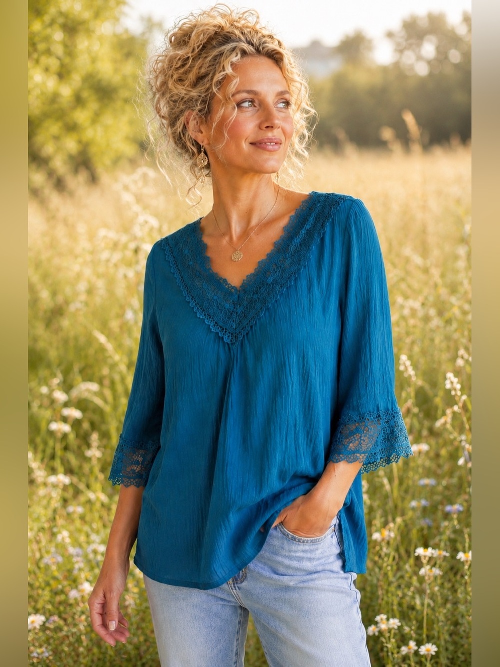 Counterparts Teal Boho Peasant Blouse Lace Trim V-Neck 3/4 Bell Sleeve - Size S - Picture 1 of 16